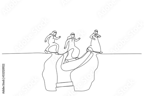 Illustration of giant hand help arab man cross the problem gap. metpahor for supportive manager mentor or coach, leadership guide correct path. One line style art