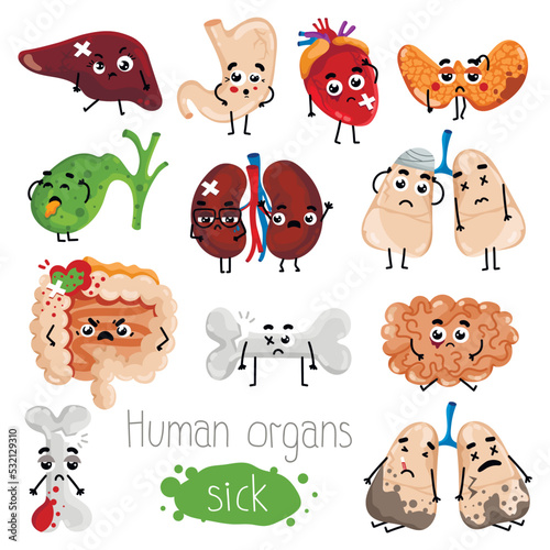 Human sick organs cartoon character set. Broken bone, lungs, gallbladder, stomach, liver, thyroid, heart, kidneys, brain, intestine isolated vector illustration. Body anatomy icons, internal organs.
