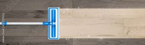 Mop cleaning dirty floor, sweeps dust top view. Vector ad background of house cleanup equipment with realistic broom with cloth duster make wooden floor surface shiny