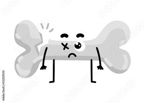 Sad broken bone cartoon character. Body anatomy element, health medical sign, internal organ, human body physiology isolated on white background vector illustration.