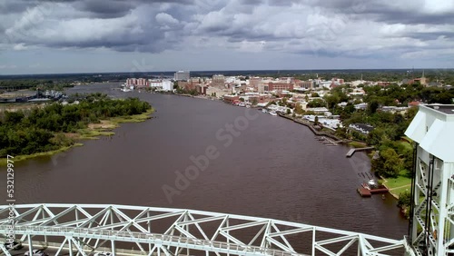 aerial pullout over the veritcal lift bridge over the cape fear river in wilmington nc, north carolina photo