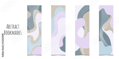 Set of 4 bookmarks templates in light-blue and pink color palette. Abstract waves with lines elements. Classical rectangular bookmarks. Abstract illustration. Isolated on white background.