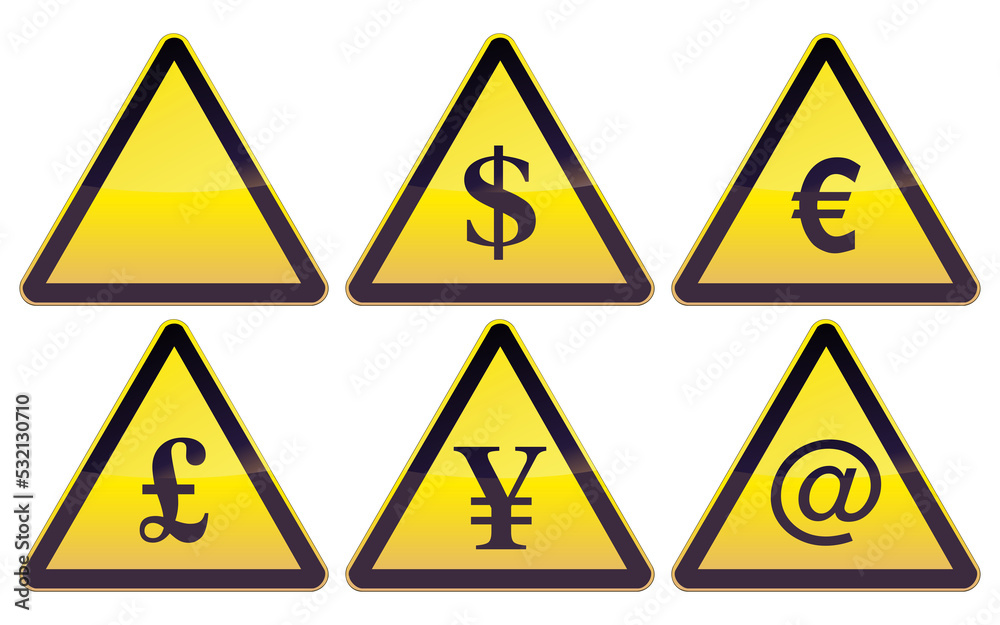Collection of black and yellow triangular currency hazard signs on euro, dollar, pound and yen plus digital with at sign (metal reflection) Collection of black and yellow triangular currency hazard signs on euro, dollar, pound and yen plus digital with at sign (metal reflection)