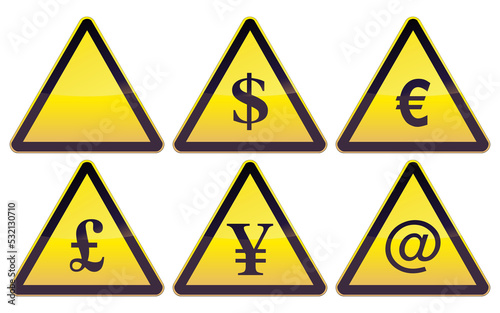 Collection of black and yellow triangular currency hazard signs on euro, dollar, pound and yen plus digital with at sign (metal reflection)