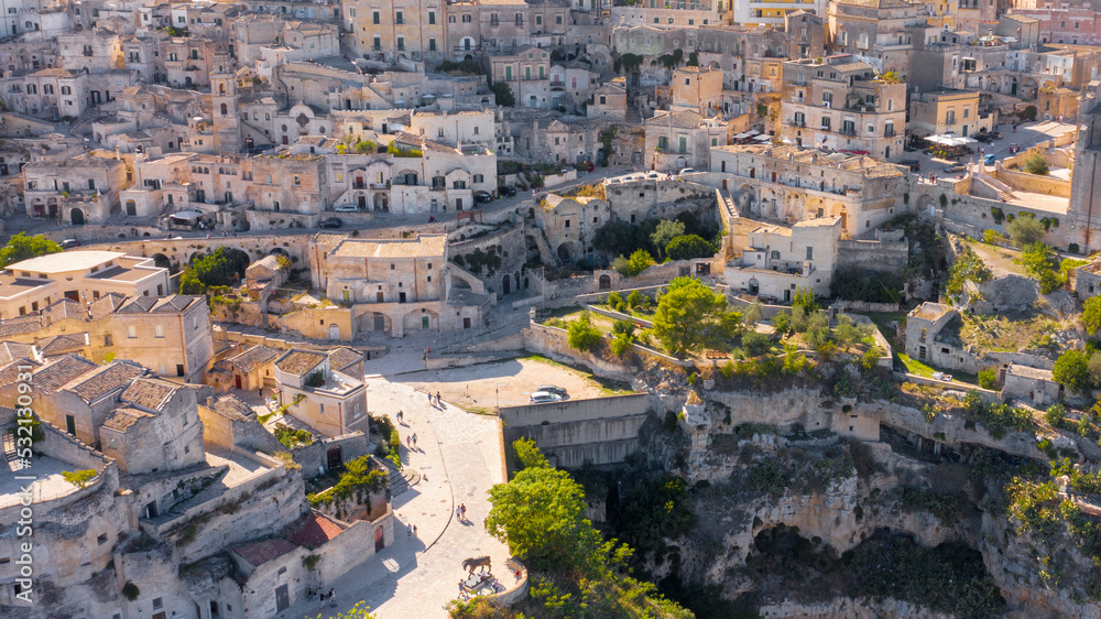 Aerial view on the Sassi di Matera, located in Basilicata, Italy. They represent the historic center of the city and are a World Heritage Site. They are rupestrian architectures carved into the rock.