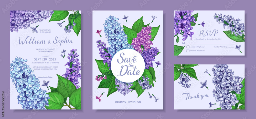 Wedding invitation card template. Floral design with blooming flowers of blue, pink and violet flowers of Lilac and green leaves. Vector illustration in delicate pastel palette