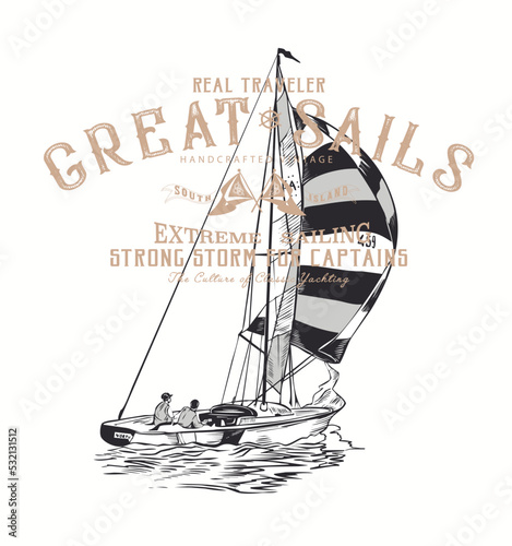 Nautical design. sketch sail graphic design. Can be used as t shirt printing design
