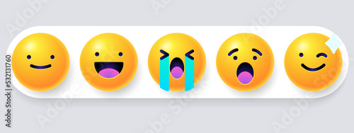Round 3d emoticons set. Yellow Emoji faces emoticon smile, digital smiley expression emotion feelings, chat cartoon emotes. Vector illustration icons © karnografff