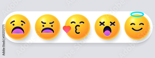 Round 3d emoticons set. Yellow Emoji faces emoticon smile, digital smiley expression emotion feelings, chat cartoon emotes. Vector illustration icons