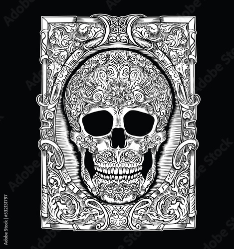 gothic skull illustration design.It can be designed as a black and white poster or t shirt graphic print.