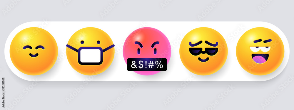 Round 3d emoticons set. Yellow Emoji faces emoticon smile, digital smiley expression emotion feelings, chat cartoon emotes. Vector illustration icons