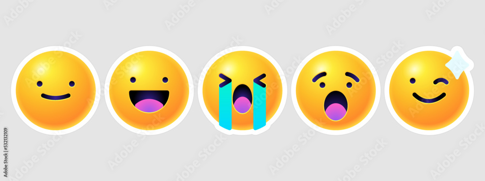 Fototapeta premium Round 3d emoticons set. Yellow Emoji faces emoticon smile, digital smiley expression emotion feelings, chat cartoon emotes. Vector illustration icons