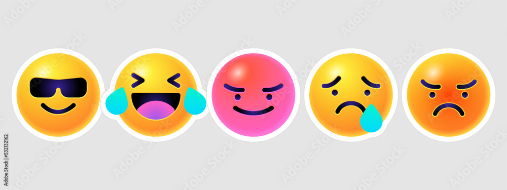 Round 3d emoticons set. Yellow Emoji faces emoticon smile, digital smiley expression emotion feelings, chat cartoon emotes. Vector illustration icons Round 3d emoticons set. Yellow Emoji faces emoticon smile, digital smiley expression emotion feelings, chat cartoon emotes. Vector illustration icons