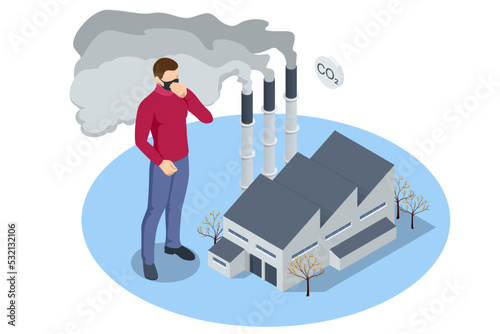 Isometric industrial chimneys with heavy smoke causing air pollution. Environment Polluted by CO2 Emission. Climate hange roblem, health care for people and animals