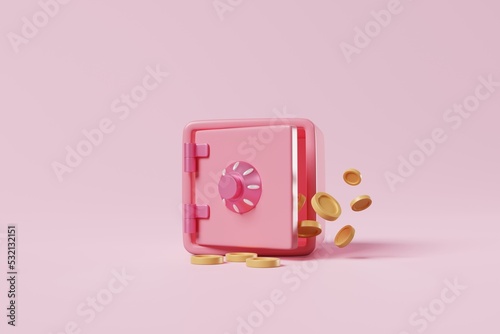 Pink safe box with floating coins from inside of the box flying. Money savings, Safety, Security system, finance concept. 3d rendering