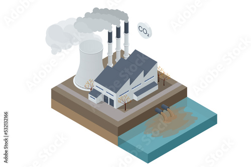 Isometric industrial chimneys with heavy smoke causing air pollution. Environment Polluted by CO2 Emission. Climate hange roblem, health care for people and animals