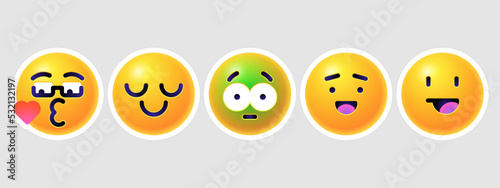Round 3d emoticons set. Yellow Emoji faces emoticon smile, digital smiley expression emotion feelings, chat cartoon emotes. Vector illustration icons