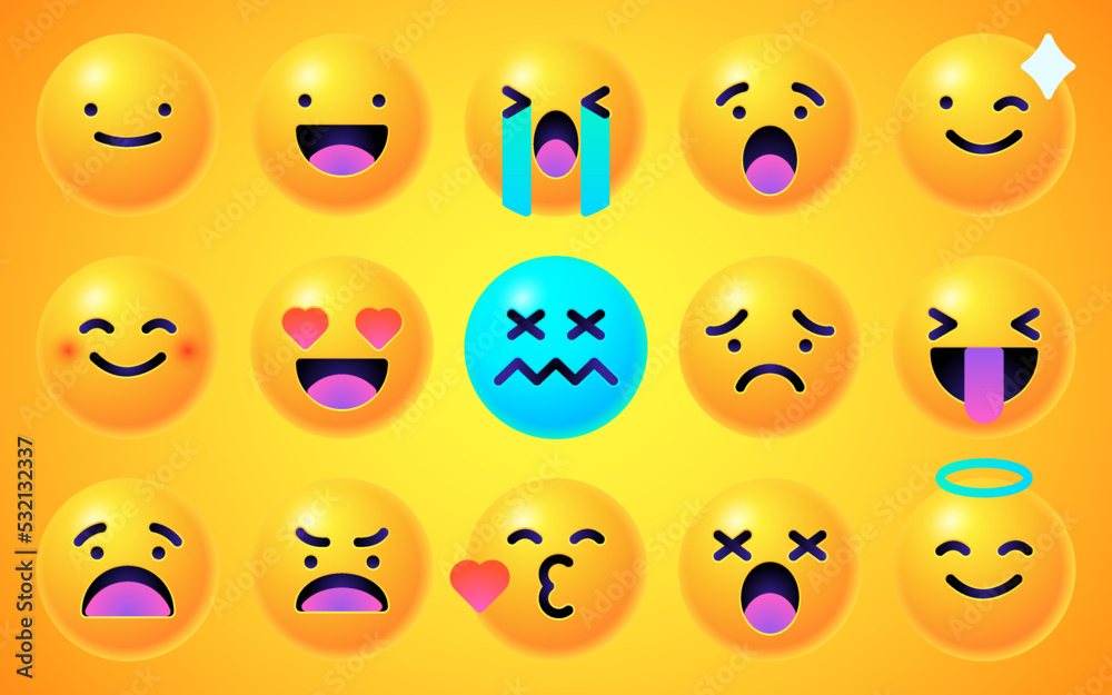 Round 3d emoticons set. Yellow Emoji faces emoticon smile, digital smiley expression emotion feelings, chat cartoon emotes. Vector illustration icons Round 3d emoticons set. Yellow Emoji faces emoticon smile, digital smiley expression emotion feelings, chat cartoon emotes. Vector illustration icons