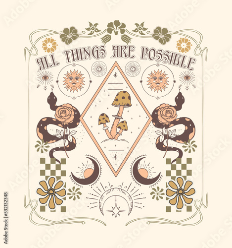 Graphic print design with positive slogan and mystical elements.Design suitable for T Shirt and poster prints.