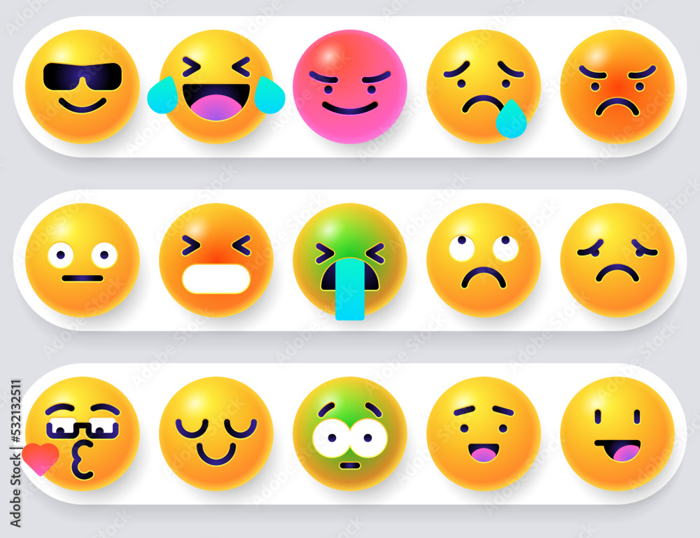 Round 3d emoticons set. Yellow Emoji faces emoticon smile, digital smiley expression emotion feelings, chat cartoon emotes. Vector illustration icons Round 3d emoticons set. Yellow Emoji faces emoticon smile, digital smiley expression emotion feelings, chat cartoon emotes. Vector illustration icons