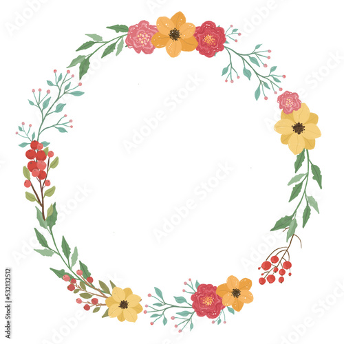 Christmas wreath with flowers and berries. Flower wreath. Frame with flowers and plants