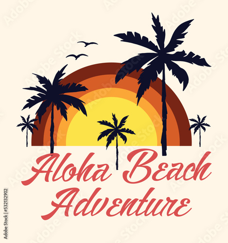 Adventure.summer vacation on tropical beach Sunset, with Palm trees ,vector illustration