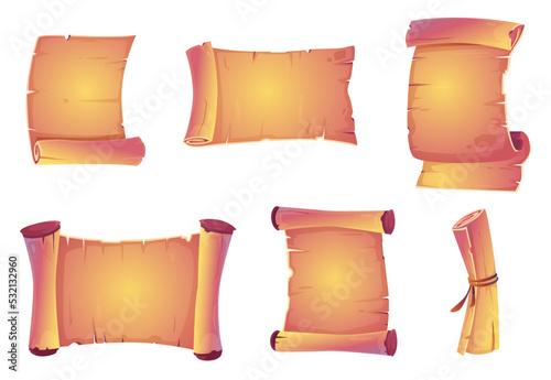 Parchment scrolls, antique papyrus rolls, blank paper banners, open and convoluted vintage manuscripts, old map or document isolated on white background, Cartoon vector illustration, icons set