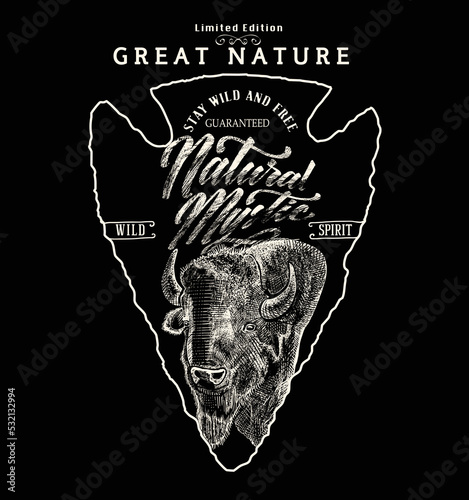 Old label with american bison.Vintage style.Prints vector design for t-shirts