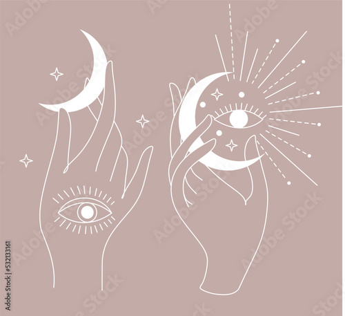 Hands and moon minimalist logo. Astorology wellness magic illustration. Modern Boho Line art