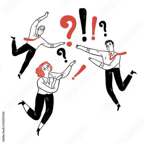 The businessman or employees are throwing the letter of exclamation mark and questions mark forward to other.