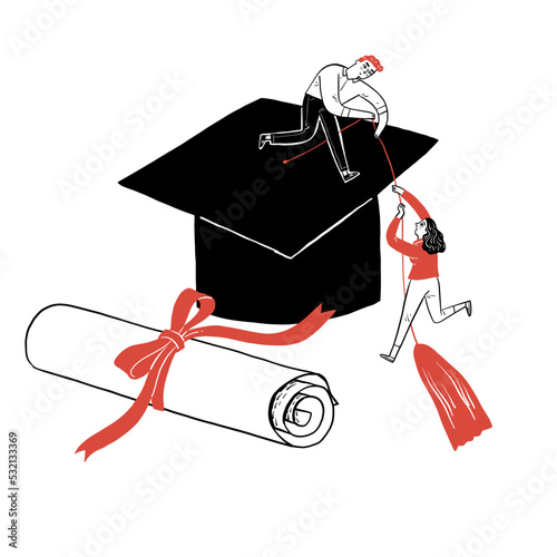 A young student of college is helping his friend up above on the graduation cap.