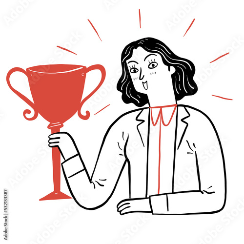 The pretty girl is holding the trophy that is winner.