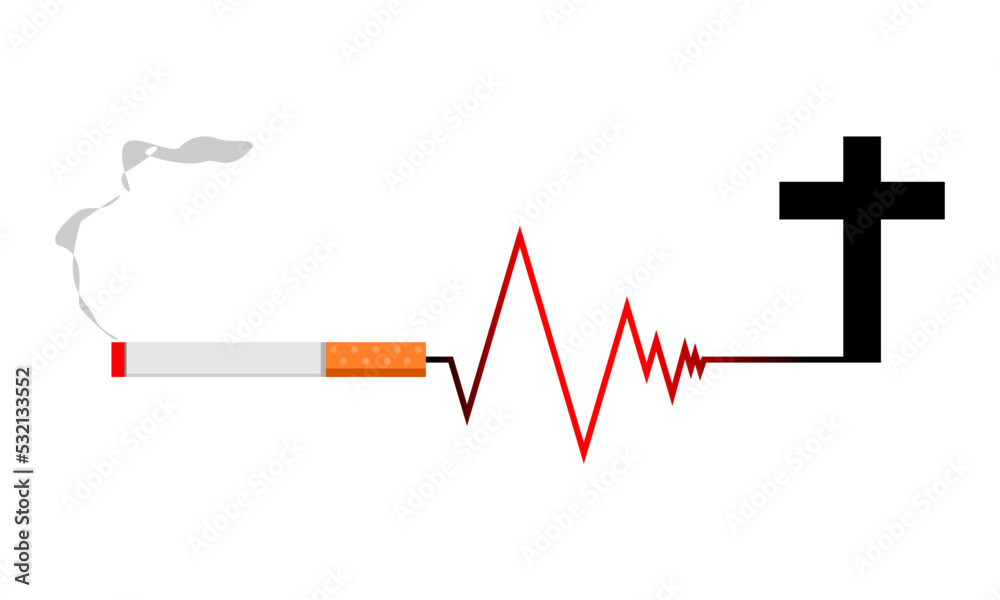 Smoking cigarette tobacco with red line pulse heartbeat cardiograph and black christian crucifix cross religion death on white background flat vector icon design. Smoking cigarette tobacco with red line pulse heartbeat cardiograph and black christian crucifix cross religion death on white background flat vector icon design.