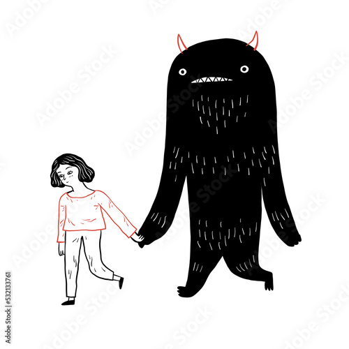 The young girl walking hand in hand with big black monster.