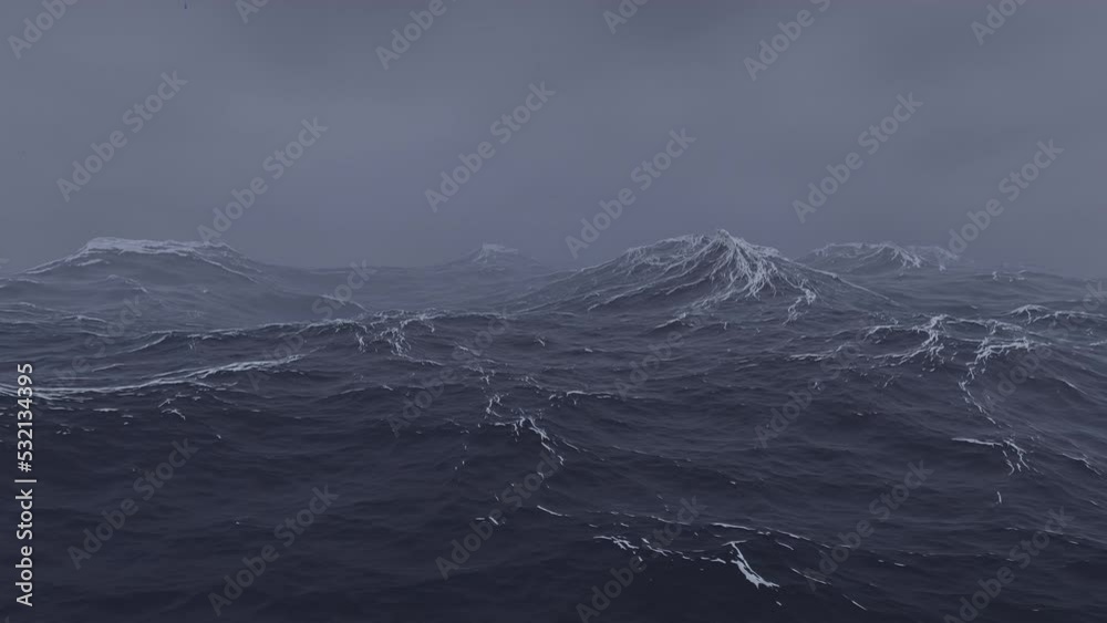a storm at sea. the sea with waves. rough sea in the fog. a 3d scene of a storm at sea in the fog. camera that goes underwater