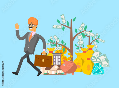 Smiling indian businessman with suitcase in business suit and turban vector illustration. Smart investment opportunity in securities, real estate or bank deposit. Financial investment and savings.