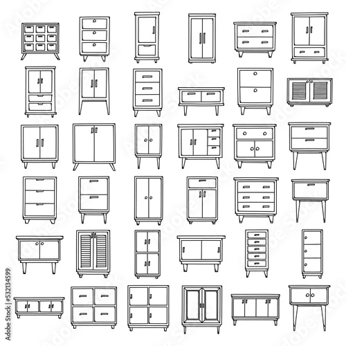 Cabinet Doodle vector icon set. Drawing sketch illustration hand drawn line eps10