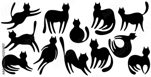 Funny and cute cats. Cartoon doodle png collection. Illustration of character black cat. Stylish kitten set.