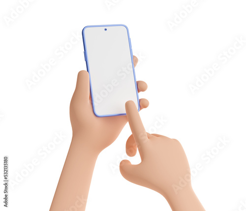 3d render smartphone in hand with finger touch screen with blank display. Mockup of mobile phone and forefinger touching app button, isolated Illustration on white background in cartoon plastic style