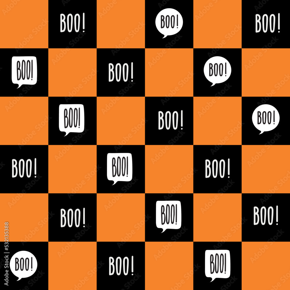 Seamless pattern with text Boo! on an orange and black background. Vector illustration