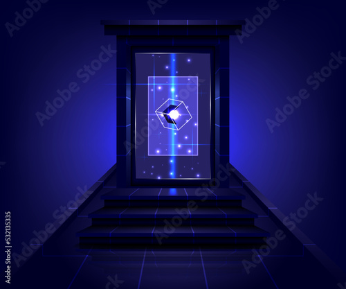 Product display interface. Product showing. Portal to another universe. Teleport podium. Sci-fi magic gate in game fantasy. Glowing projector base