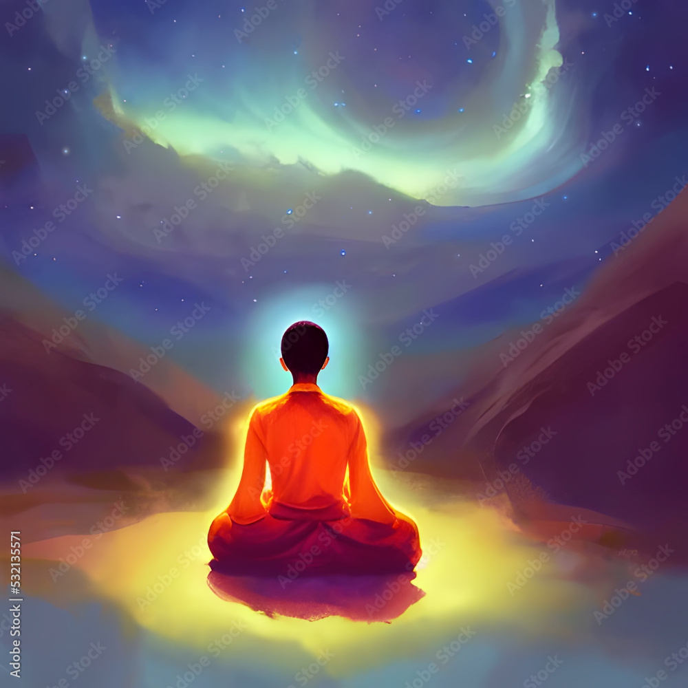 illustration a Buddhist monk in orange robes meditates while looking at the starry sky