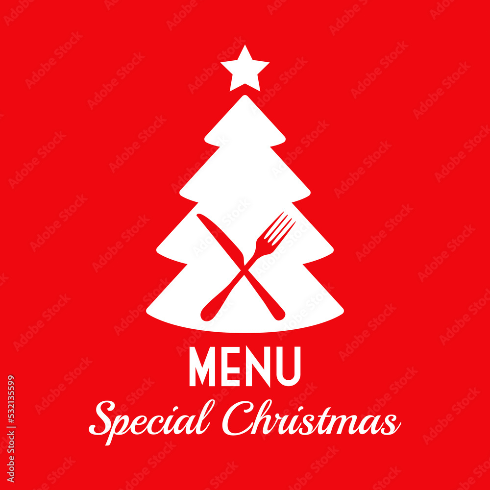 Logotipo con texto Menu Special Christmas con árbol de navidad con estrella y cubiertos para su uso en invitaciones y tarjetas de felicitación Logotipo con texto Menu Special Christmas con árbol de navidad con estrella y cubiertos para su uso en invitaciones y tarjetas de felicitación