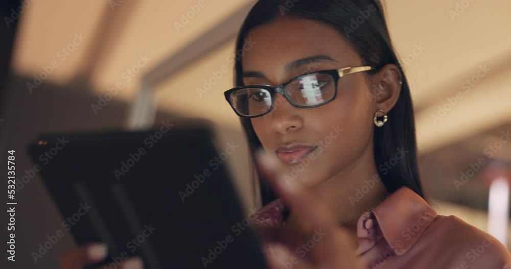 Tablet online, planning work and woman reading information on the internet, working on business strategy and search for marketing idea on the web. Indian employee with digital schedule on tech