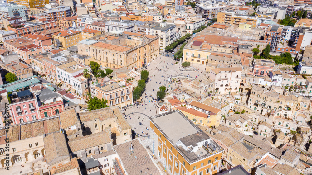 Aerial view of Vittorio Veneto square in Matera, Basilicata, Italy. It is the most important square in the city and is located in the historic center with a panoramic view of the Sassi of Matera.