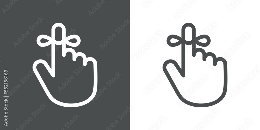 Símbolo recordatorio. Icono aislado mano con cuerda atada al dedo índice con líneas en fondo gris y fondo blanco