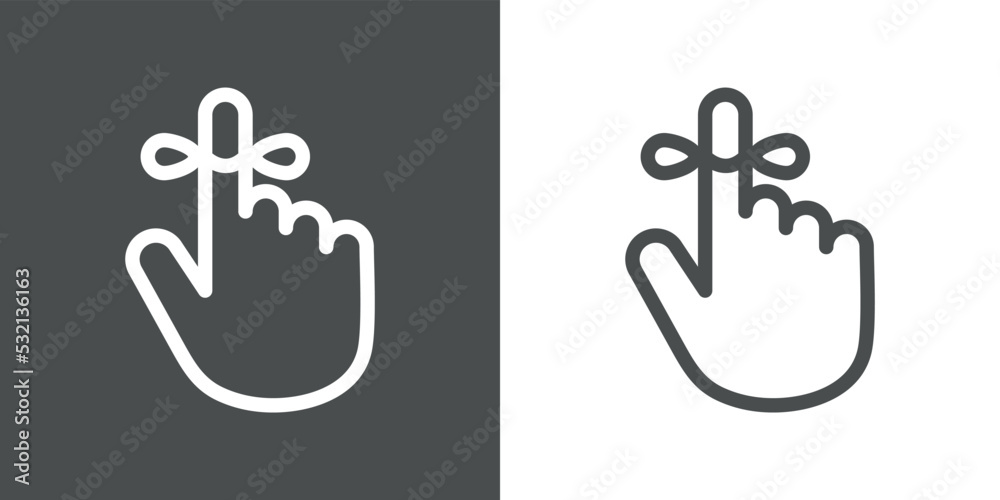 Símbolo recordatorio. Icono aislado mano con cuerda atada al dedo índice con líneas en fondo gris y fondo blanco Símbolo recordatorio. Icono aislado mano con cuerda atada al dedo índice con líneas en fondo gris y fondo blanco