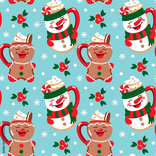 Cute cups in the shape of a snowman and gingerbread cookies. Christmas mood. Seamless pattern. Vector.