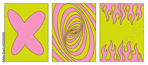Set of acid modern backgrounds. Vector posters in the style of the 90s. Psychedelic pattern and flame. Trendy futuristic Graphic Template. Vector illustration isolated on a white background.