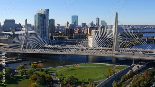 Aerial view of Boston Zakim Bridge in the summer with blue skies and highway traffic photo